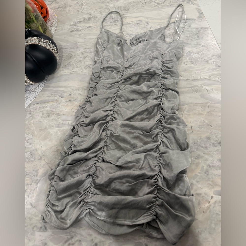 Zara Gray/ silver Ruched Mini Dress - Picture 4 of 4